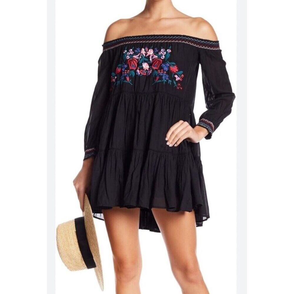 Free People Black Off-Shoulder Embroidered Mini Dress